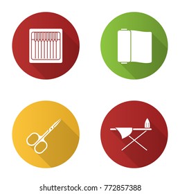 Tailoring flat design long shadow glyph icons set. Nail scissors, ironing board, sewing machine needles, fabric roll. Vector silhouette illustration