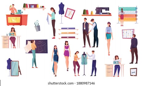 Tailoring flat icons set of designer dressmaker seamstress customer and fashion models isolated vector illustration