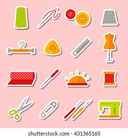 Tailoring flat sticker icons set. Vector illustration. Sewing tools, tailor shop, atelier symbols.
