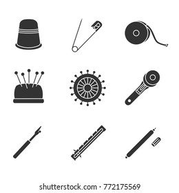 Tailoring glyph icons set. Sewing thimble, safety and straight pins, measuring tape, pincushion, rotary cutter, ripper and gauge, fabric marker pen. Silhouette symbols. Vector isolated illustration