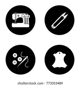 Tailoring glyph icons set. Sewing machine, thread cutter, needle and buttons, leather label. Vector white silhouettes illustrations in black circles