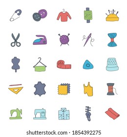 tailoring hand drawn linear doodles isolated on white background. tailoring icon set for web and ui design, mobile apps and print products