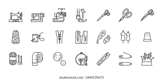 Tailoring icon set - sewing machine, scissors, threads, needle, measuring, dummy, zipper, pattern, knitting, craft. Dressmaking, atelier, shop, workshop, seamstress work. Icon set, editable strokes