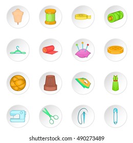 Tailoring icons set in cartoon style. Sewing and needlework set collection vector illustration