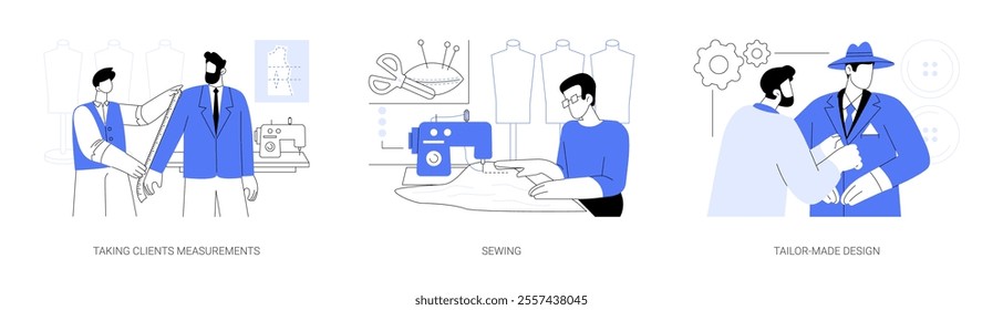 Tailoring isolated cartoon vector illustrations set. Taking clients measurements, sewing and alteration specialist, handmade clothing, tailor-made design, suit perfectly fits a man vector cartoon.