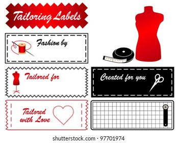 Tailoring Labels. Model, tape measure, scissors, needle, thread, cutting mat, rotary cutter, love, heart, copy space for dressmaking, sewing, do it yourself fashion crafts, hobbies. EPS8 compatible.