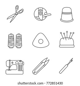 Tailoring linear icons set. Fabric scissors, bobbin, thimble, thread spool, chalk, pincushion, sewing machine, clipper, seam ripper. Thin line contour symbols. Isolated vector outline illustrations