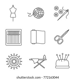 Tailoring linear icons set. Mannequin, wool clew, needle and buttons, fabric, nail scissors, straight pins, ironing board, pincushion.
Thin line contour symbols. Isolated vector outline illustrations
