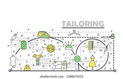 Tailoring Poster Banner Template. Sewing Machine, Needle, Thread, Thimble, Dummy, Knitting, Button, Zipper Etc. Vector Thin Line Art Flat Style Design Elements For Web Banners, Printed Materials.