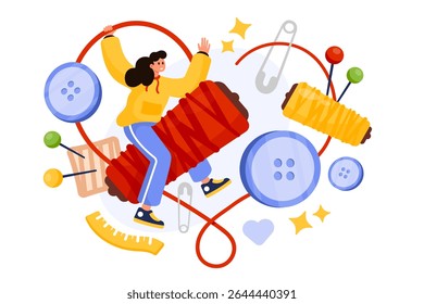 Tailoring and repair of clothes in atelier by tailor, craft needlework, embroidery. Tiny woman with thread of heart shape and classic sewing tools, buttons and pins cartoon vector illustration