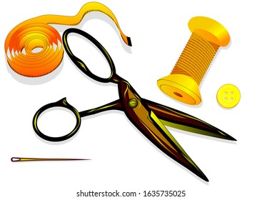 tailoring. Scissor, button, tape measure on yellow background