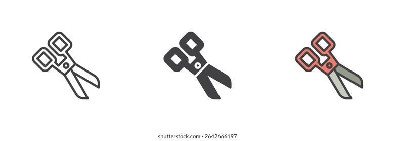 Personalizando ícone de tesoura definido em linha, estilos de contorno preenchidos sólidos e coloridos. Ícone de vetor simbolizando corte de tecido, artesanato e projetos de design de vestuário.