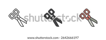 Tailoring scissors icon set in line, solid and colorful filled outline styles. Vector icon symbolizing fabric cutting, crafting, and garment design projects.