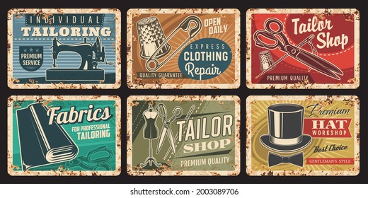 Tailoring Service And Clothing Repair Vector Rusty Metal Plates With Sewing Tools Mannequin, Scissors And Vintage Machine. Clothes Fashion Studio, Dressmaker Atelier Retro Posters Or Tin Signs Set