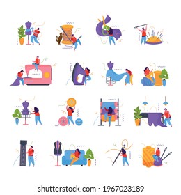 Tailoring set of flat icons with isolated images of needles stitching accessories sewing machines and people vector illustration