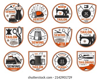 Tailoring And Sewing Industry Icons, Tailor Shop Or Dressmaking Atelier Vector Retro Symbols. Dressmaker Seamstress Salon, Handicraft Tailoring Workshop, Clothes Sewing Studio Icons