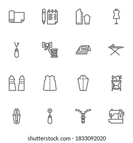 Tailoring, sewing line icons set, outline vector symbol collection, linear style pictogram pack. Signs, logo illustration. Set includes icons as dummy mannequin, sewing machine, iron, fabric, zipper