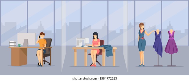 Tailoring studio, atelier flat vector illustration. Young fashion company workers, sewing workshop staff cartoon characters. Clothes designer, seamstress and secretary, dressmaking business