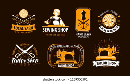 Tailoring, tailor shop logo or label. Atelier, knitting symbol set. Vector illustration