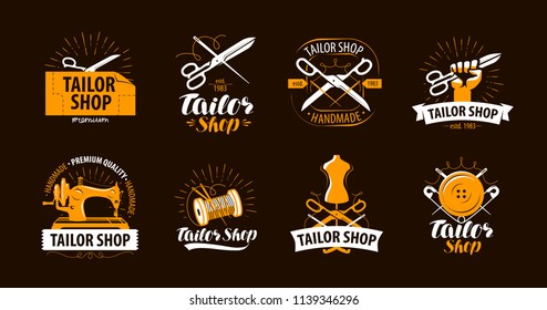 Tailoring, Tailor Shop Logo Or Label. Atelier Symbol Set. Vector Illustration