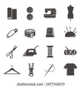 Tailoring tools black and white glyph icons set. Dressmaking, sewing workshop, needlework hobby monochrome symbols. Measuring tape, mannequin, smoothing iron and thimble outline vector illustrations