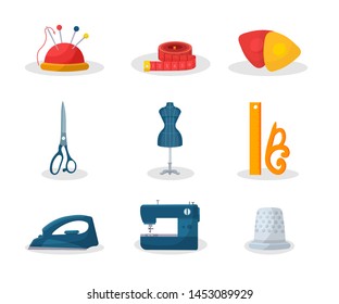 Tailoring tools flat vector illustrations set. Needle pin and measuring tape. Fashion workshop dressmaking equipment. Scissors, mannequin. Tailor instruments pack. Smoothing iron and sewing machine