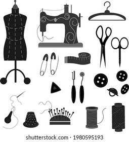 Tailoring tools - set in black and white. Mannequin, needles and thread, sewing machine, thimble and pins. Illustration for logo designs, sewing shops and ateliers, boutiques, price tags. Vector