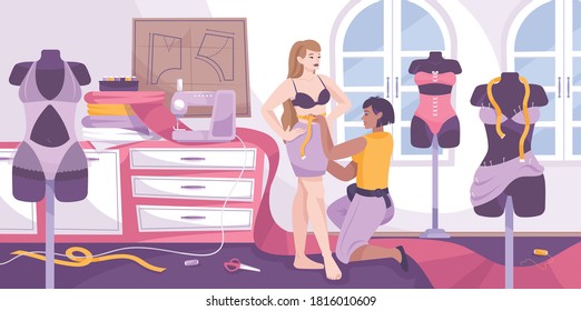 Tailoring underwear flat composition with seamstress measures girl vector illustration