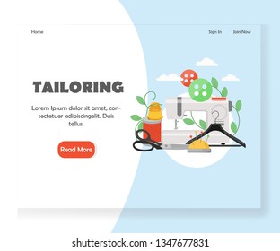 Tailoring vector website template, web page and landing page design for website and mobile site development. Sewing machine, scissors, buttons, hanger, pins, pincushion, thread.