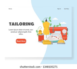 Tailoring vector website template, web page and landing page design for website and mobile site development. Sewing machine, dummy, thimble, pins, pincushion, thread, iron, tape measure.