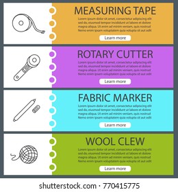 Tailoring web banner templates set. Measuring tape, rotary cutter, fabric marker pen, wool clew. Website color menu items with linear icons. Vector headers design concepts