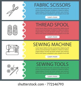 Tailoring web banner templates set. Fabric scissors, thread spool, sewing machine, needle and buttons. Website color menu items with linear icons. Vector headers design concepts