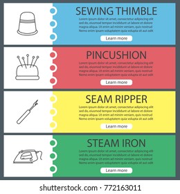 Tailoring web banner templates set. Sewing thimble, pincushion, seam ripper, steam iron. Website color menu items with linear icons. Vector headers design concepts