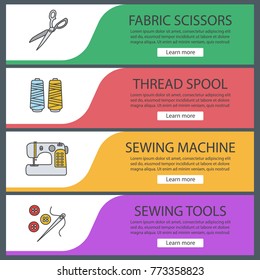 Tailoring web banner templates set. Fabric scissors, thread spool, sewing machine, needle and buttons. Website color menu items. Vector headers design concepts