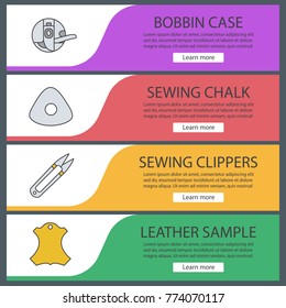 Tailoring web banner templates set. Bobbin case, sewing chalk, clippers, leather sample. Website color menu items. Vector headers design concepts