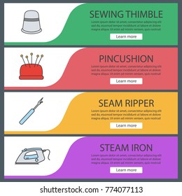 Tailoring web banner templates set. Sewing thimble, pincushion, seam ripper, steam iron. Website color menu items. Vector headers design concepts