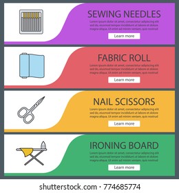 Tailoring web banner templates set. Sewing needles, fabric roll, nail scissors, ironing board. Website color menu items. Vector headers design concepts