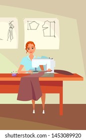 Tailoring workshop flat vector illustration. Young dressmaker, atelier employee working with cloth cartoon character. Professional sewing studio, dress making process