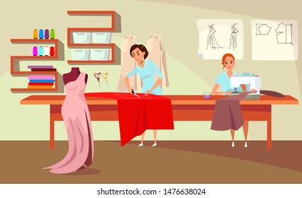 Tailoring workshop flat vector illustration. Young dressmakers, atelier employees working with cloth cartoon characters. Professional sewing studio, dress making process. Evening gown on mannequin