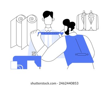 Tailor-made clothing isolated cartoon vector illustrations. Man takes measurements from a client, tailored clothing, business owner, trade profession, smart retail industry vector cartoon.