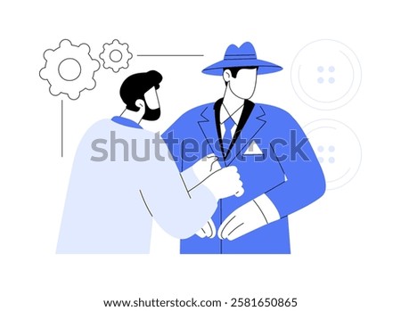 Tailor-made design isolated cartoon vector illustrations. Client trying on new costume with professional tailor, sewing and alteration specialist, perfectly fit, service sector vector cartoon.