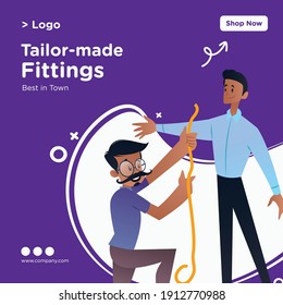 Tailor-made fittings banner design. Tailor is measuring man for dress. Vector graphic illustration.
