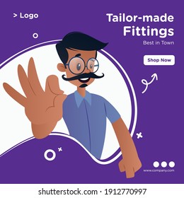 Tailor-made fittings banner design. Tailor is showing an okay sign. Vector graphic illustration.