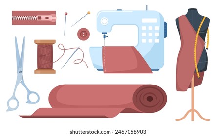 Tailors accessories, supplies and equipment to sew cloth. Dressmaking collection with thread rolls, button, needles, zipper, sewing machine, mannequin, scissors, iron. Tailoring studio