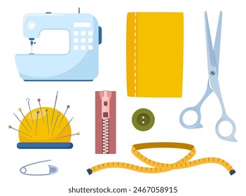 Tailors accessories, supplies and equipment to sew cloth. Dressmaking collection with button, needles, zipper, sewing machine, measuring tape, scissors. Tailoring studio