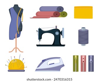 Tailors accessories, supplies and equipment to sew cloth. Dressmaking collection with thread rolls, button, needles, zipper, sewing machine, mannequin, scissors, iron. Tailoring studio