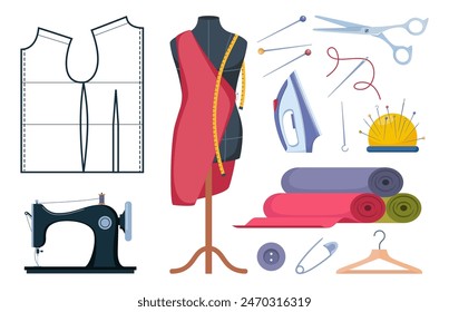 Tailors accessories, supplies and equipment to sew cloth. Dressmaking collection with thread rolls, button, needles, zipper, sewing machine, mannequin, scissors, iron. Tailoring studio