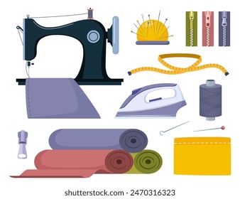 Tailors accessories, supplies and equipment to sew cloth. Dressmaking collection with thread rolls, button, needles, zipper, sewing machine, mannequin, scissors, iron. Tailoring studio