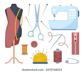 Tailors accessories, supplies and equipment to sew cloth. Dressmaking collection with thread rolls, button, needles, zipper, sewing machine, mannequin, scissors, iron. Tailoring studio