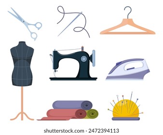 Tailors accessories, supplies and equipment to sew cloth. Dressmaking collection with thread rolls, button, needles, zipper, sewing machine, mannequin, scissors, iron. Tailoring studio